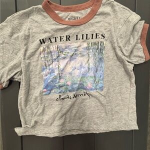 Mighty Fine juniors small ‘Water Lilies' Gray crop Tee with Pink Trim